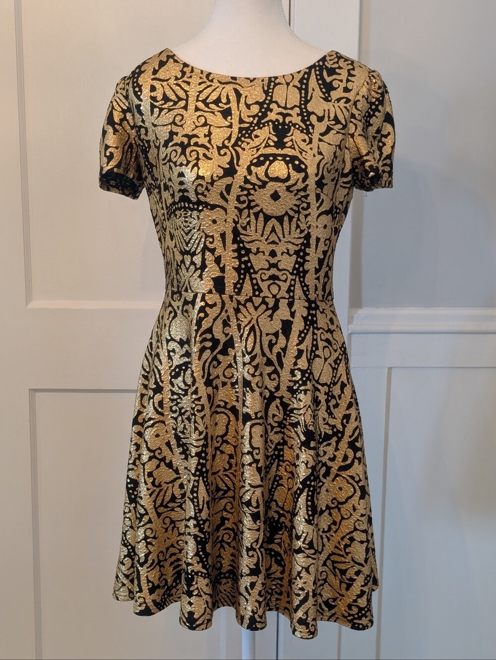Ark & Co Black & Gold Foil Brocade Fit And Flare Dress